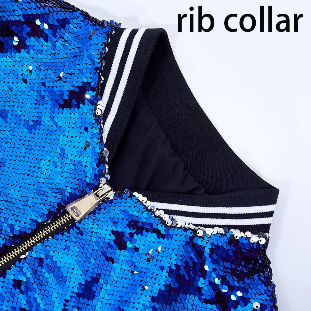 A ARFAR Women Sequin Jackets Flip Striped Collar Glitter Varsity Striped Bomber Sparkly Coat Party Outwear Ladies Shiny Cloth