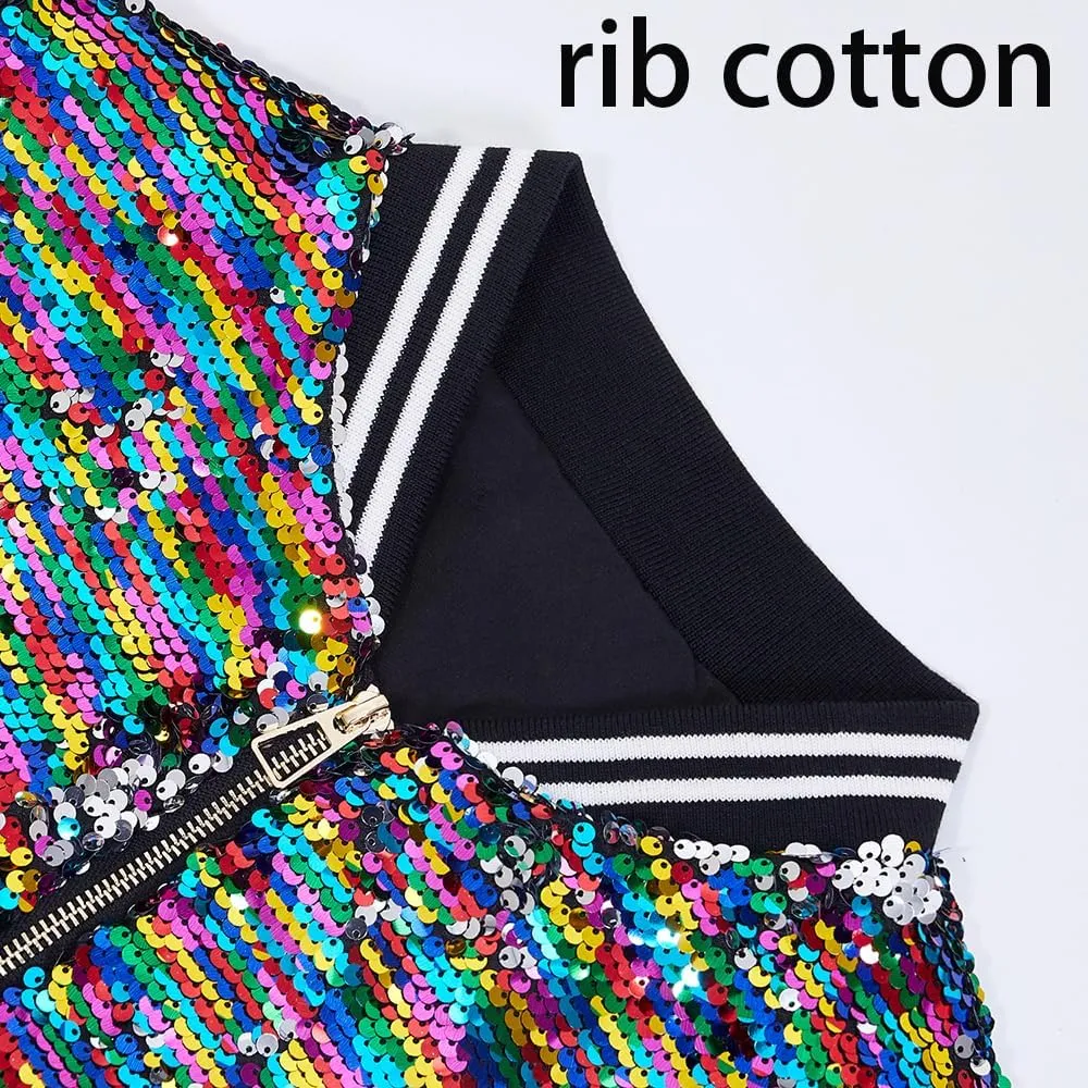 A ARFAR Women Sequin Jackets Flip Striped Collar Glitter Varsity Striped Bomber Sparkly Coat Party Outwear Ladies Shiny Cloth