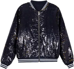 A ARFAR Women Sequin Jackets Flip Striped Collar Glitter Varsity Striped Bomber Sparkly Coat Party Outwear Ladies Shiny Cloth