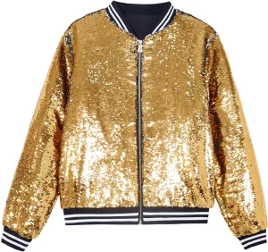 A ARFAR Women Sequin Jackets Flip Striped Collar Glitter Varsity Striped Bomber Sparkly Coat Party Outwear Ladies Shiny Cloth
