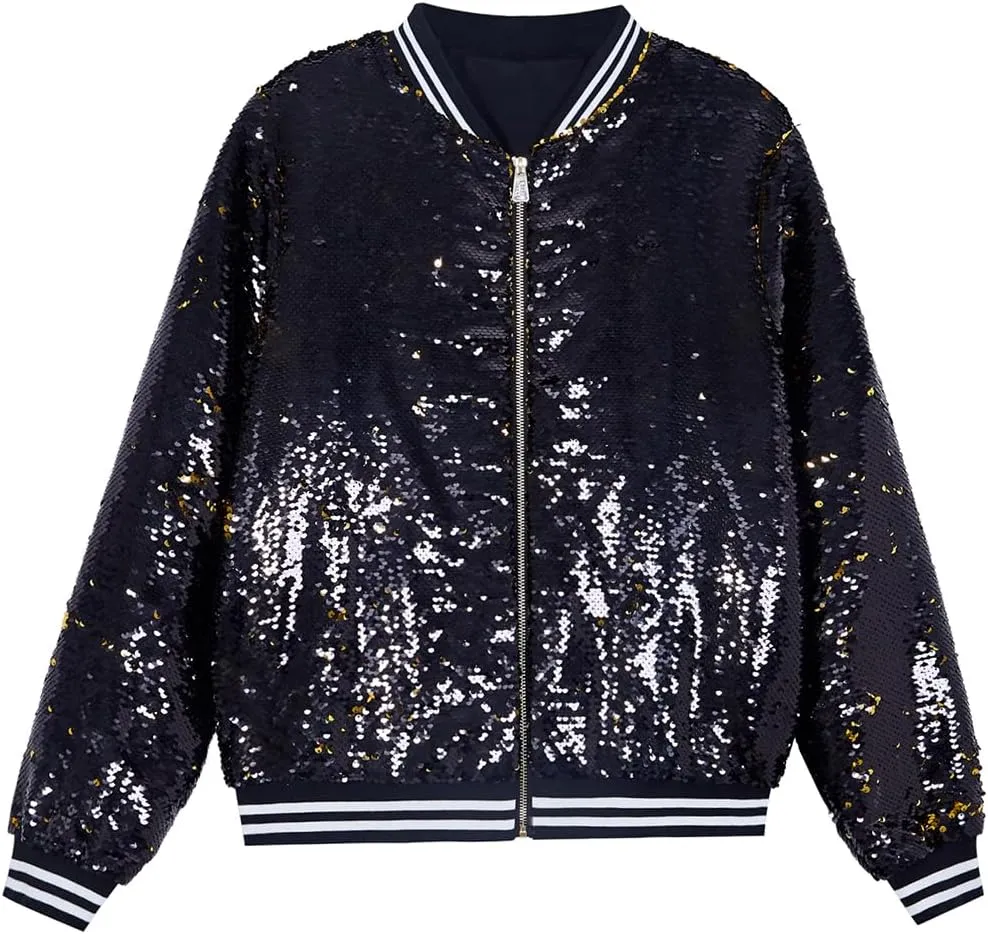 A ARFAR Women Sequin Jackets Flip Striped Collar Glitter Varsity Striped Bomber Sparkly Coat Party Outwear Ladies Shiny Cloth