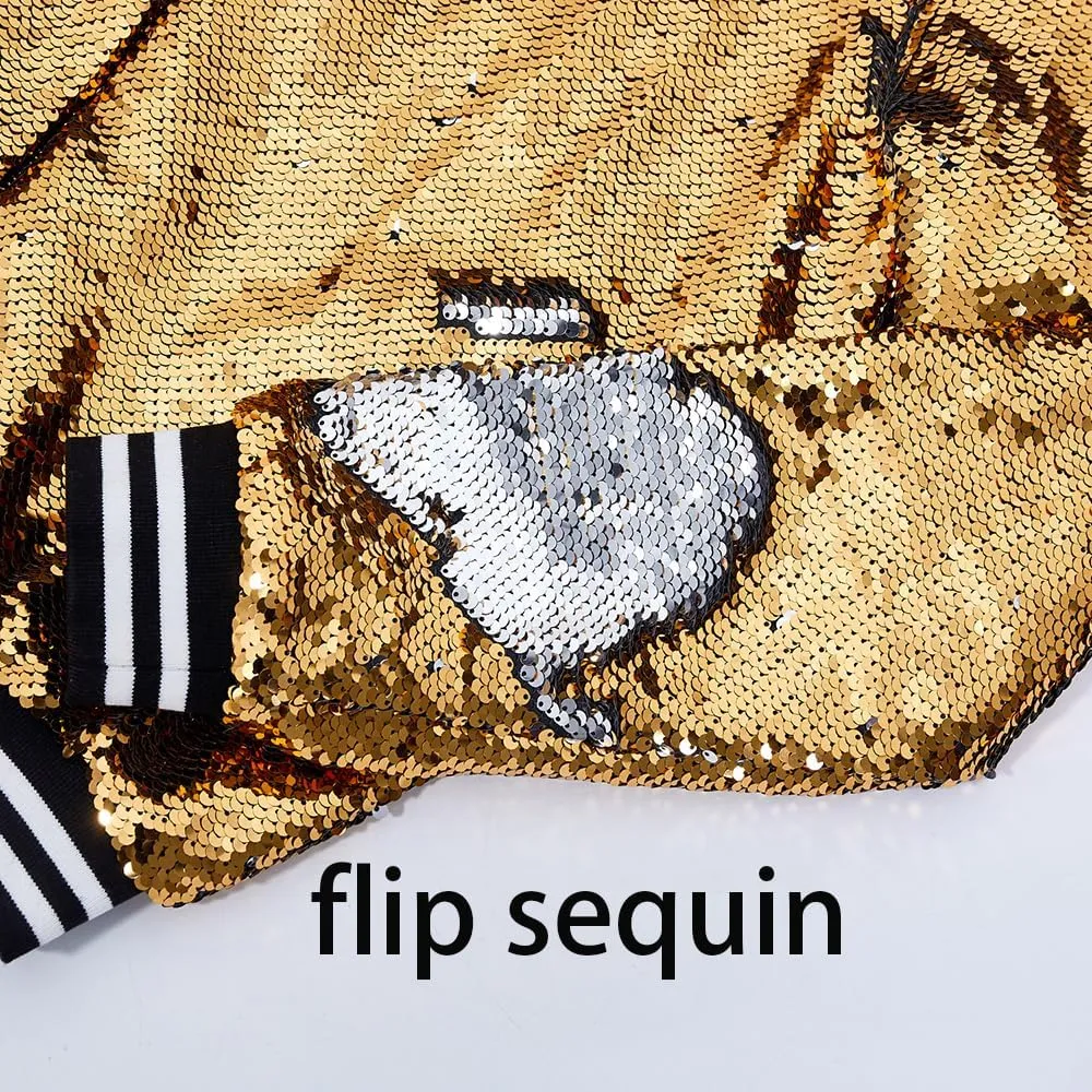A ARFAR Women Sequin Jackets Flip Striped Collar Glitter Varsity Striped Bomber Sparkly Coat Party Outwear Ladies Shiny Cloth