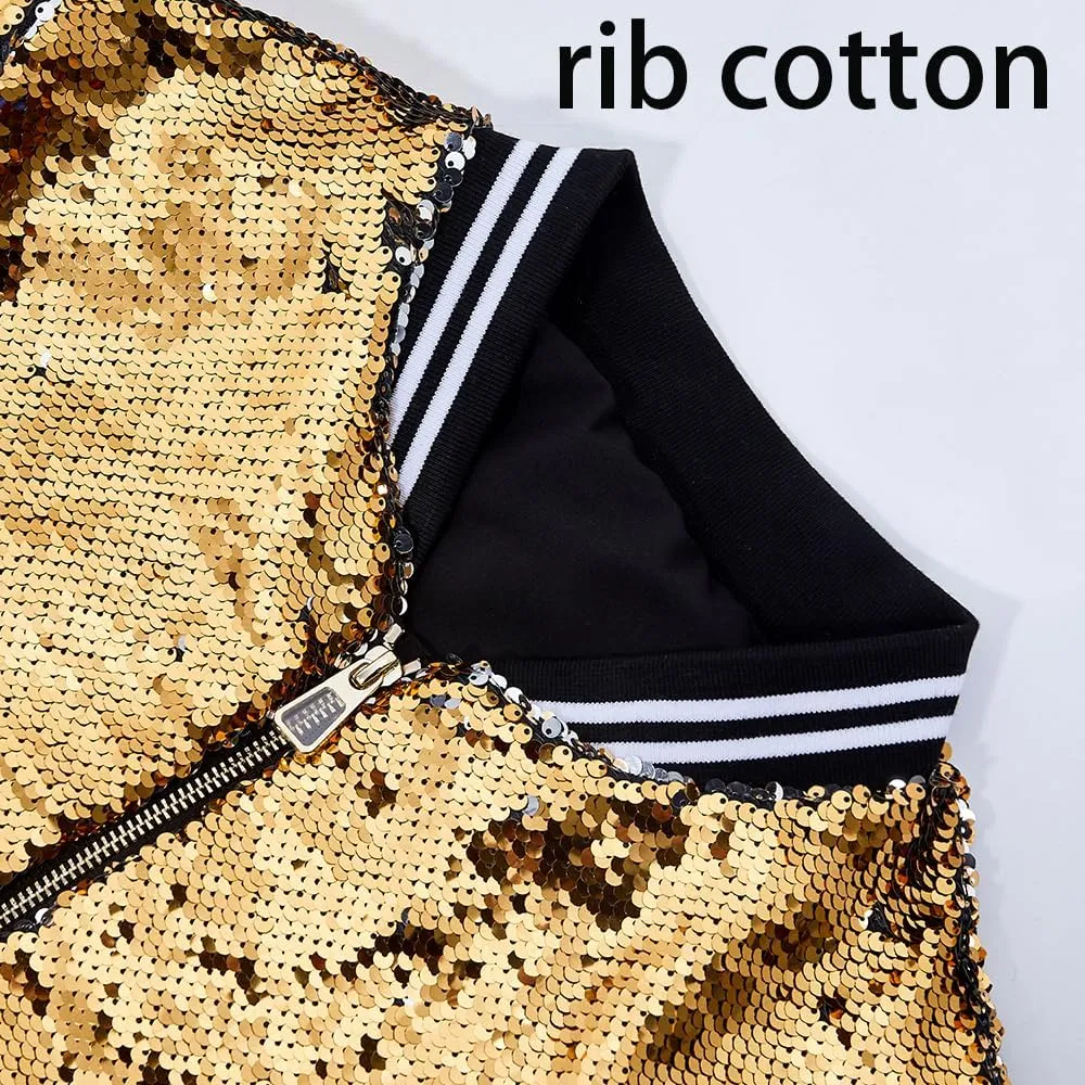 A ARFAR Women Sequin Jackets Flip Striped Collar Glitter Varsity Striped Bomber Sparkly Coat Party Outwear Ladies Shiny Cloth