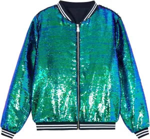 A ARFAR Women Sequin Jackets Flip Striped Collar Glitter Varsity Striped Bomber Sparkly Coat Party Outwear Ladies Shiny Cloth