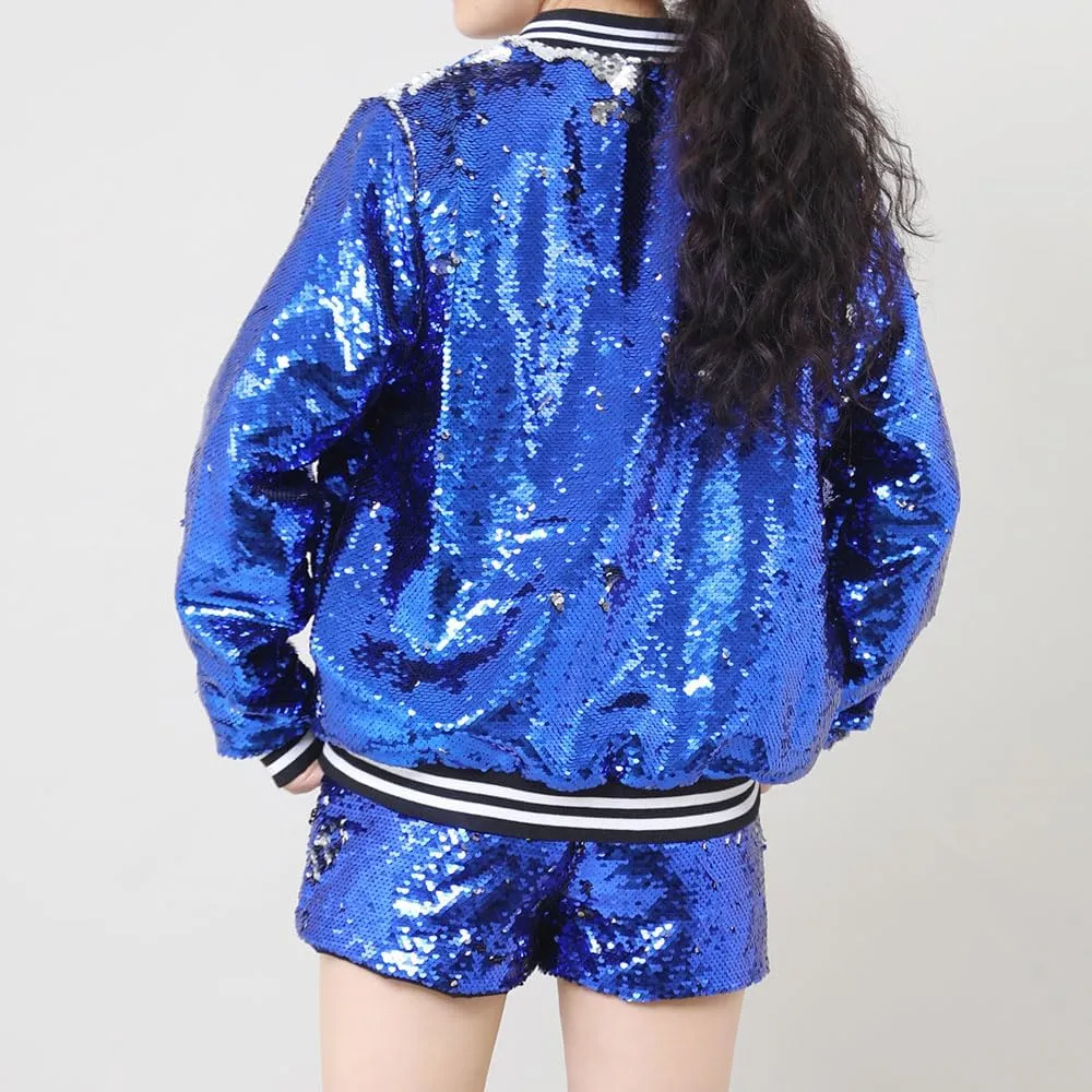 A ARFAR Women Sequin Jackets Flip Striped Collar Glitter Varsity Striped Bomber Sparkly Coat Party Outwear Ladies Shiny Cloth