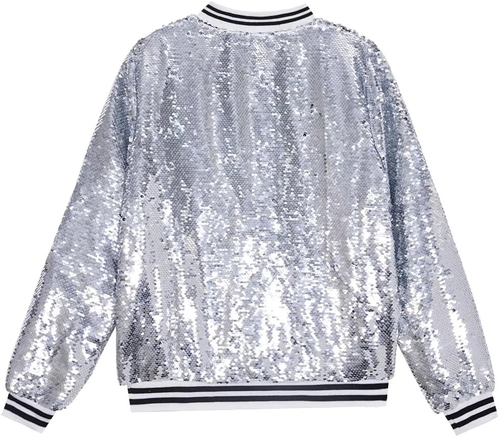 A ARFAR Women Sequin Jackets Flip Striped Collar Glitter Varsity Striped Bomber Sparkly Coat Party Outwear Ladies Shiny Cloth