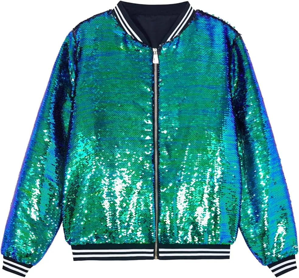 A ARFAR Women Sequin Jackets Flip Striped Collar Glitter Varsity Striped Bomber Sparkly Coat Party Outwear Ladies Shiny Cloth
