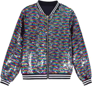 A ARFAR Women Sequin Jackets Flip Striped Collar Glitter Varsity Striped Bomber Sparkly Coat Party Outwear Ladies Shiny Cloth