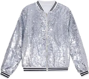 A ARFAR Women Sequin Jackets Flip Striped Collar Glitter Varsity Striped Bomber Sparkly Coat Party Outwear Ladies Shiny Cloth