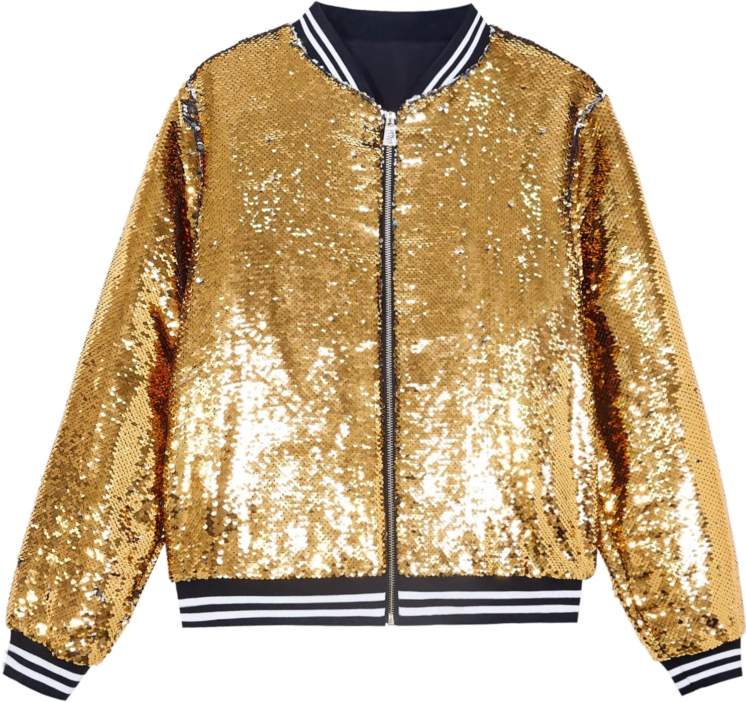 A ARFAR Women Sequin Jackets Flip Striped Collar Glitter Varsity Striped Bomber Sparkly Coat Party Outwear Ladies Shiny Cloth