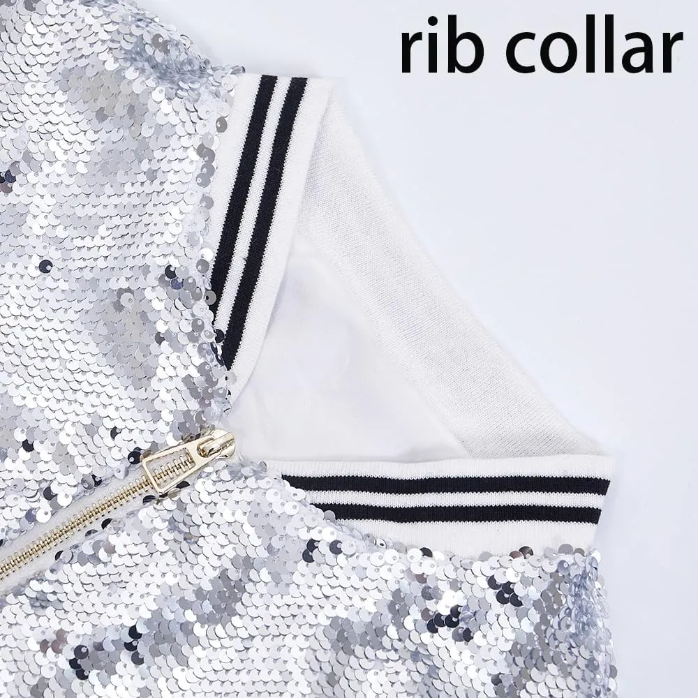 A ARFAR Women Sequin Jackets Flip Striped Collar Glitter Varsity Striped Bomber Sparkly Coat Party Outwear Ladies Shiny Cloth