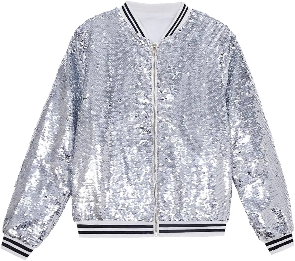 A ARFAR Women Sequin Jackets Flip Striped Collar Glitter Varsity Striped Bomber Sparkly Coat Party Outwear Ladies Shiny Cloth