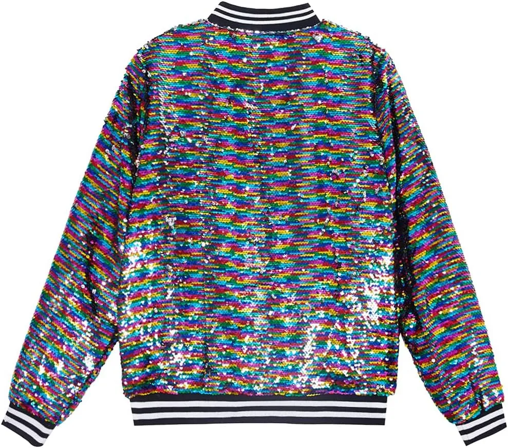 A ARFAR Women Sequin Jackets Flip Striped Collar Glitter Varsity Striped Bomber Sparkly Coat Party Outwear Ladies Shiny Cloth
