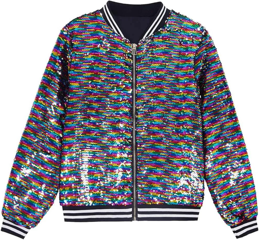 A ARFAR Women Sequin Jackets Flip Striped Collar Glitter Varsity Striped Bomber Sparkly Coat Party Outwear Ladies Shiny Cloth