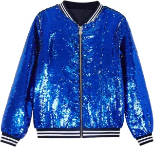 A ARFAR Women Sequin Jackets Flip Striped Collar Glitter Varsity Striped Bomber Sparkly Coat Party Outwear Ladies Shiny Cloth