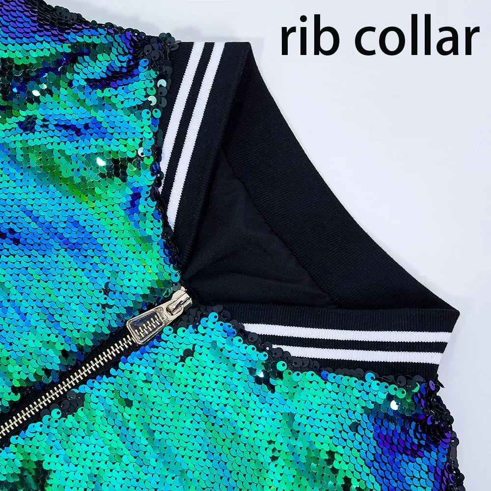 A ARFAR Women Sequin Jackets Flip Striped Collar Glitter Varsity Striped Bomber Sparkly Coat Party Outwear Ladies Shiny Cloth