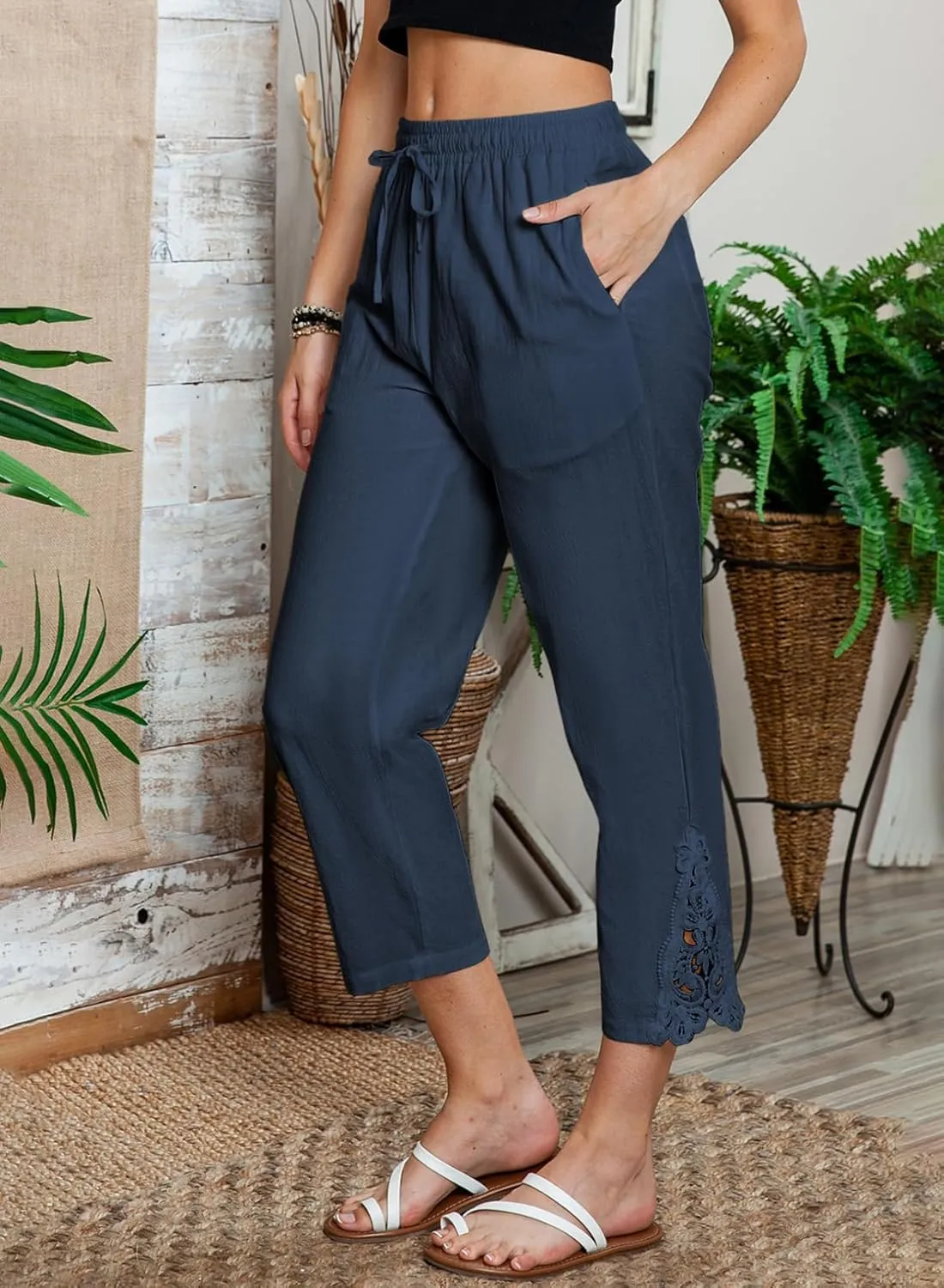 Acelitt Women Casual Lightweight Drawstring Elastic Waist Pants with Pockets, S-XXL