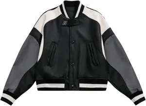 Aelfric Eden Womens Multicolor Patchwork PU Leather Jackets Unisex Athletic Baseball Jackets Vintage Button Streetwear