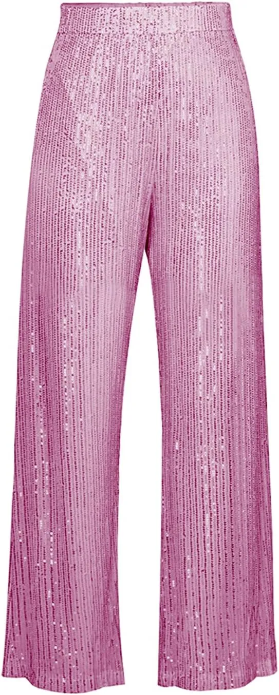 Aelidiya Women's Glitter Sequin Long Loose Pants Bling Party Clubwear Elastic Casual Pants