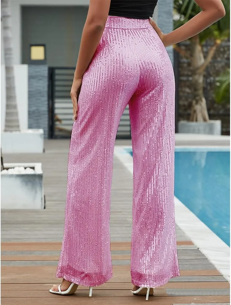 Aelidiya Women's Glitter Sequin Long Loose Pants Bling Party Clubwear Elastic Casual Pants
