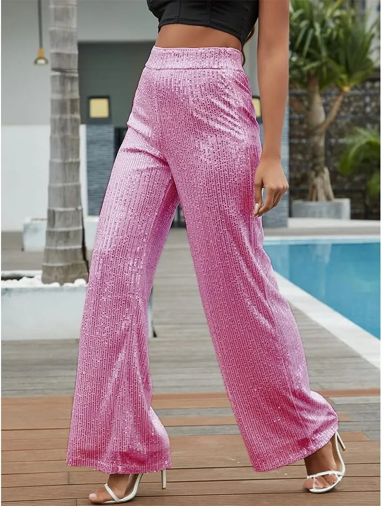 Aelidiya Women's Glitter Sequin Long Loose Pants Bling Party Clubwear Elastic Casual Pants