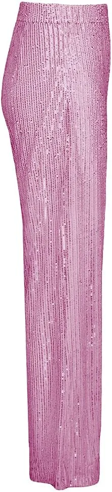 Aelidiya Women's Glitter Sequin Long Loose Pants Bling Party Clubwear Elastic Casual Pants