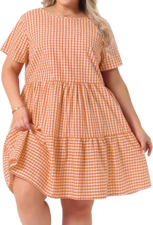 Agnes Orinda Plus Size Gingham Dresses 1950s Vintage Plaid Round Neck Short Sleeve Tiered Midi Summer Dress