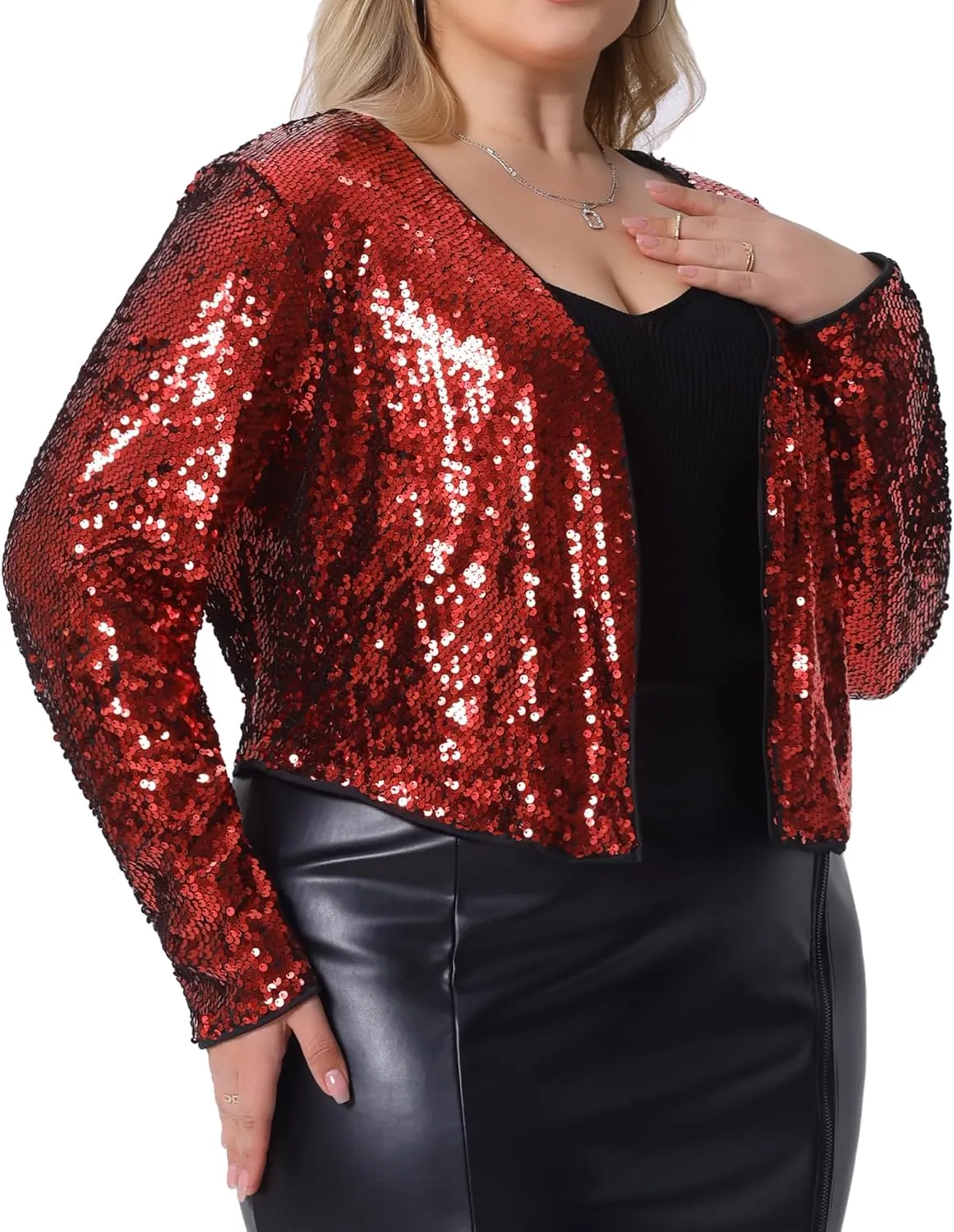 Agnes Orinda Plus Size Sequin Cardigan for Women Glitter Shinny Metallic Long Sleeve Shrug Bolero Cardigans Jackets