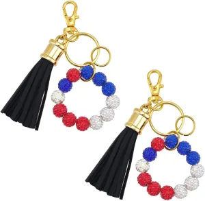 AHANDMAKER 2Pcs Bead Keychain Bracelet Wristlet, Polymer Clay Rhinestone Beads Bangle Bracelet Key Chain, Wrist Key Chain Beaded Wristlet Keychain with Leather Tassel, Bag Car Keyring Holder for Women