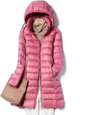 AirPlace Long Lightweight Down Jackets for Women Removable Hood Down Coats Quilted Puffer Jackets Parka Warm Winter Jacket