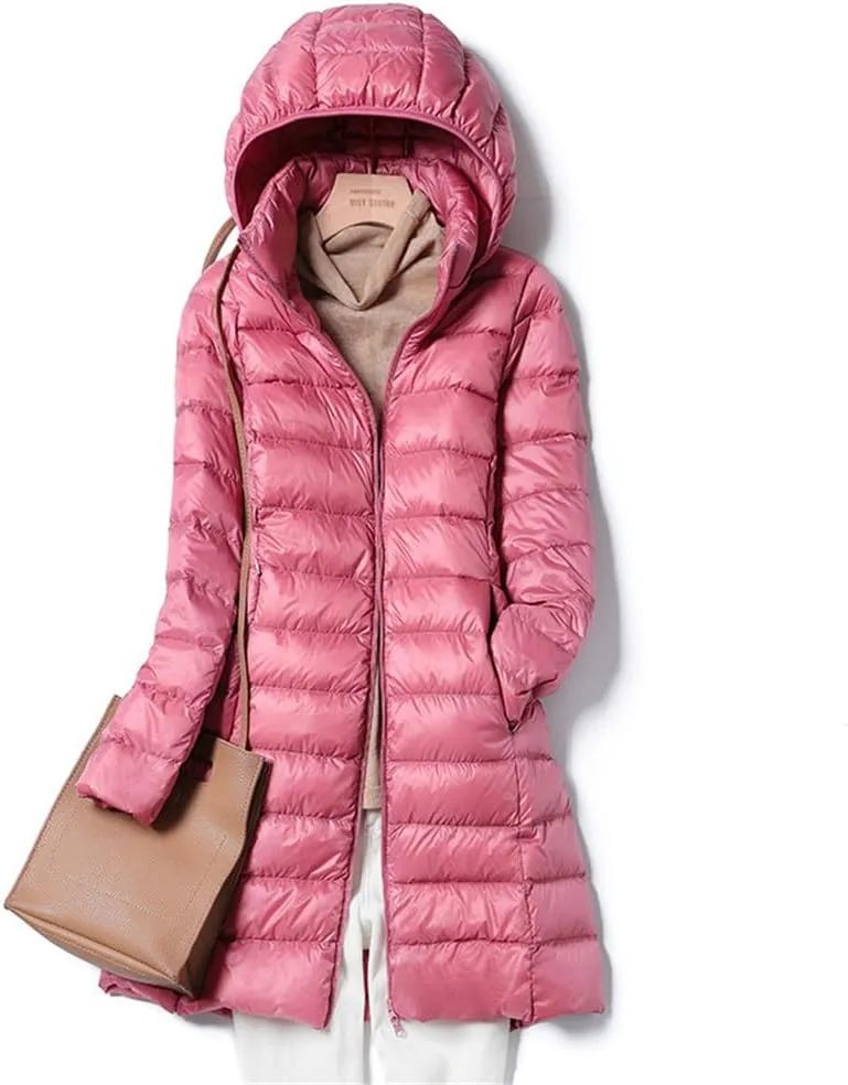 AirPlace Long Lightweight Down Jackets for Women Removable Hood Down Coats Quilted Puffer Jackets Parka Warm Winter Jacket