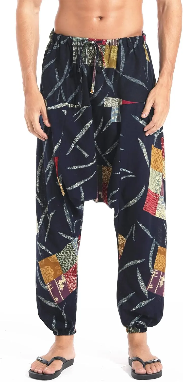 AITFINEISM Men's Drawstring Aladdin Hippie Harem Pants Loose Drop Crotch Trousers