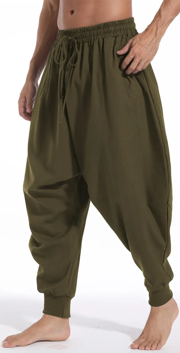 AITFINEISM Men's Drawstring Aladdin Hippie Harem Pants Loose Drop Crotch Trousers