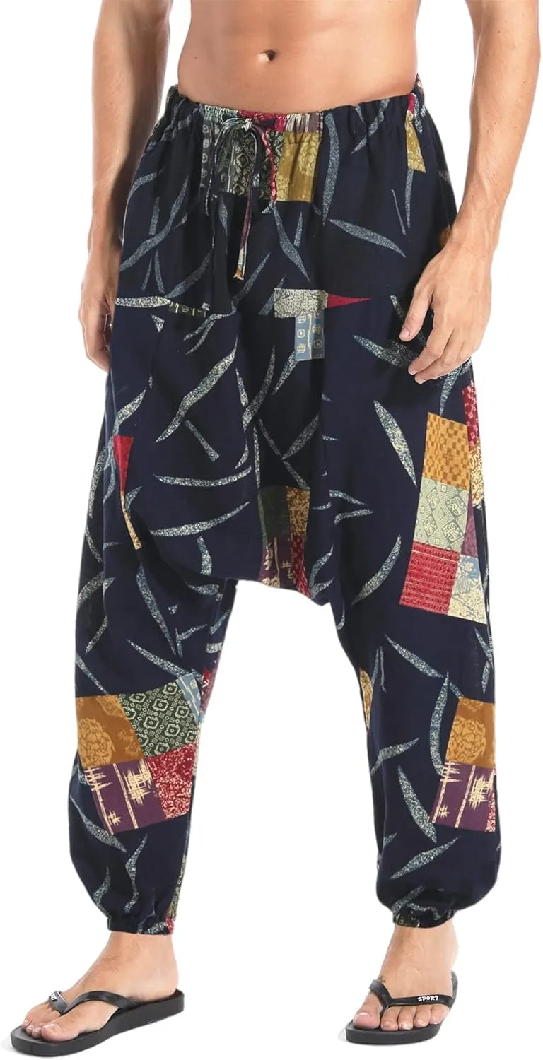AITFINEISM Men's Drawstring Aladdin Hippie Harem Pants Loose Drop Crotch Trousers