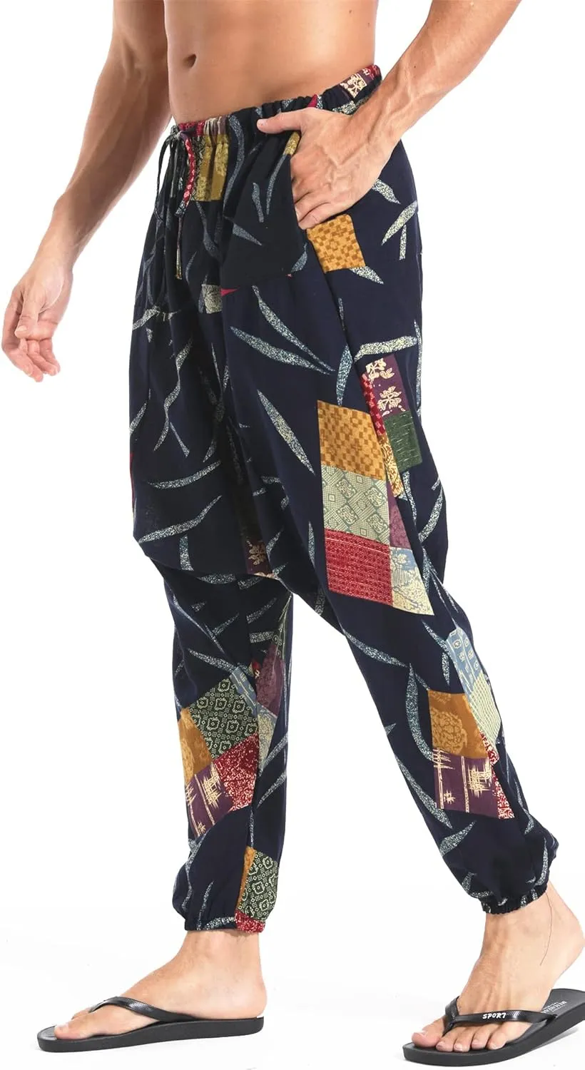 AITFINEISM Men's Drawstring Aladdin Hippie Harem Pants Loose Drop Crotch Trousers
