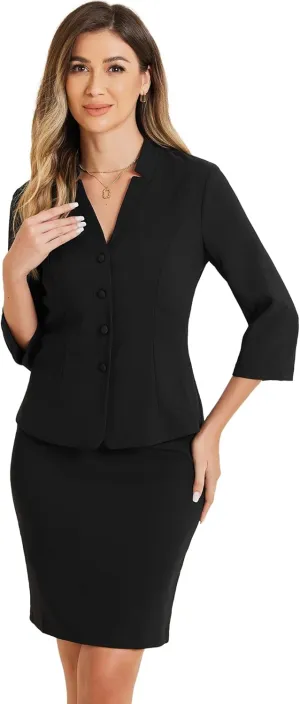 Allegra K 2 Piece Suit Skirt Set for Women's Notched Collar Casual Business Skirt Suit Set and Blazer Pencil Skirts