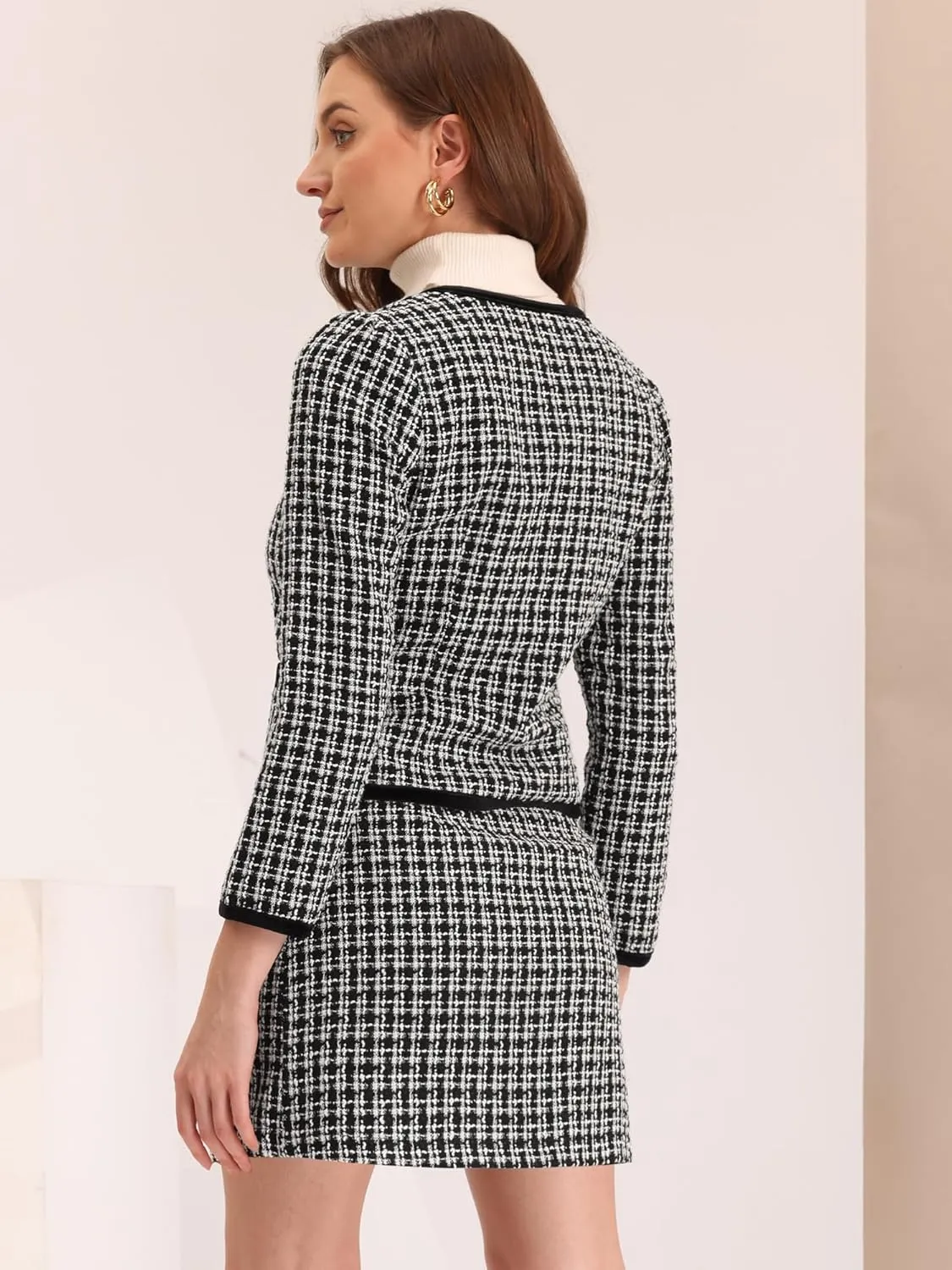 Allegra K Business Suit Set for Women's 2 Piece Outfits Plaid Tweed Easter Short Blazer Jacket and Skirt Sets