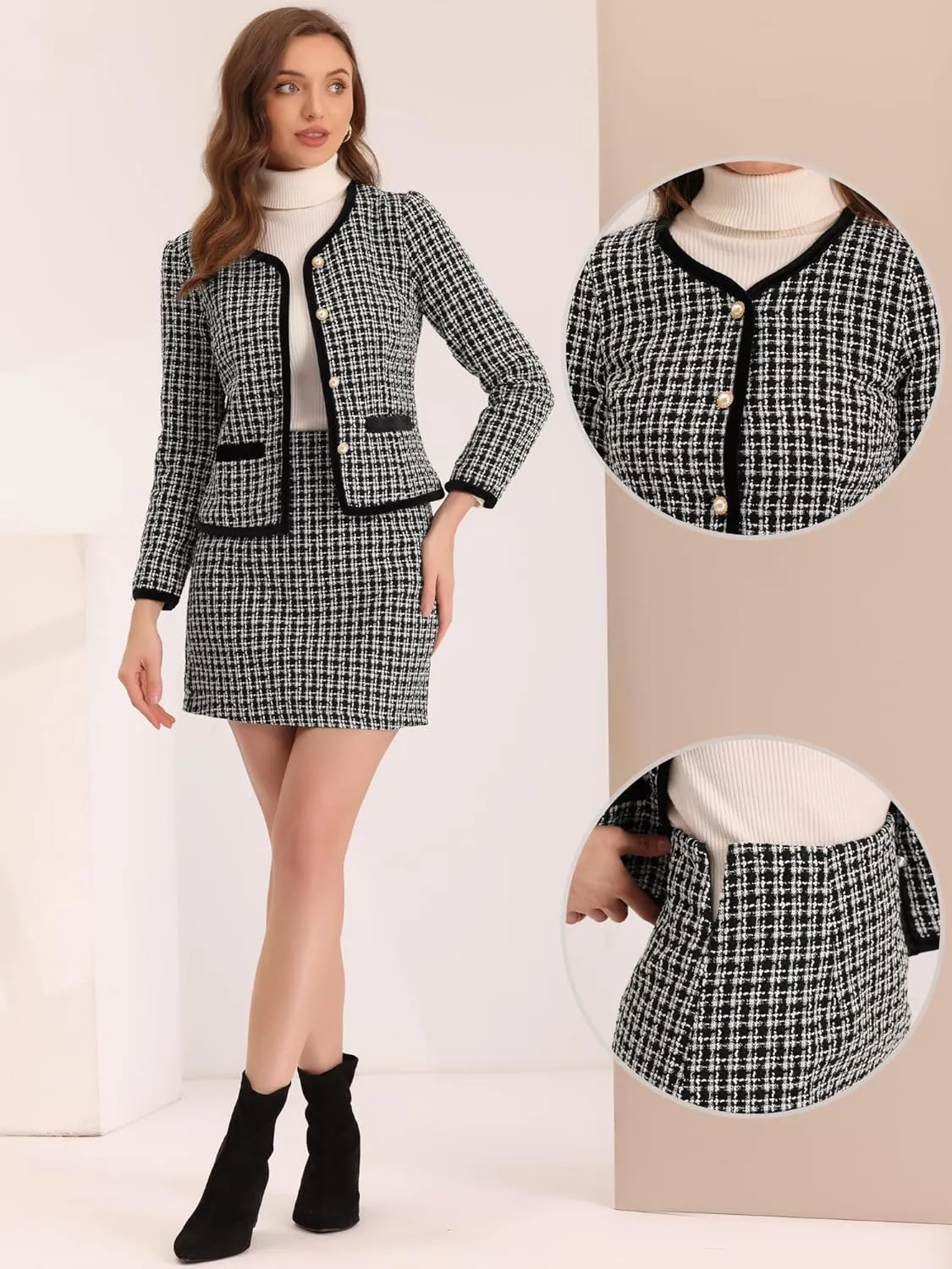 Allegra K Business Suit Set for Women's 2 Piece Outfits Plaid Tweed Easter Short Blazer Jacket and Skirt Sets