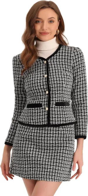 Allegra K Business Suit Set for Women's 2 Piece Outfits Plaid Tweed Easter Short Blazer Jacket and Skirt Sets