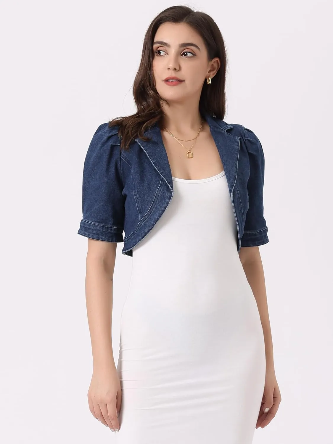 Allegra K Crop Denim Cardigan for Women's Short Sleeve Lapel Collar Jean Jacket