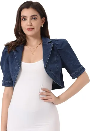 Allegra K Crop Denim Cardigan for Women's Short Sleeve Lapel Collar Jean Jacket