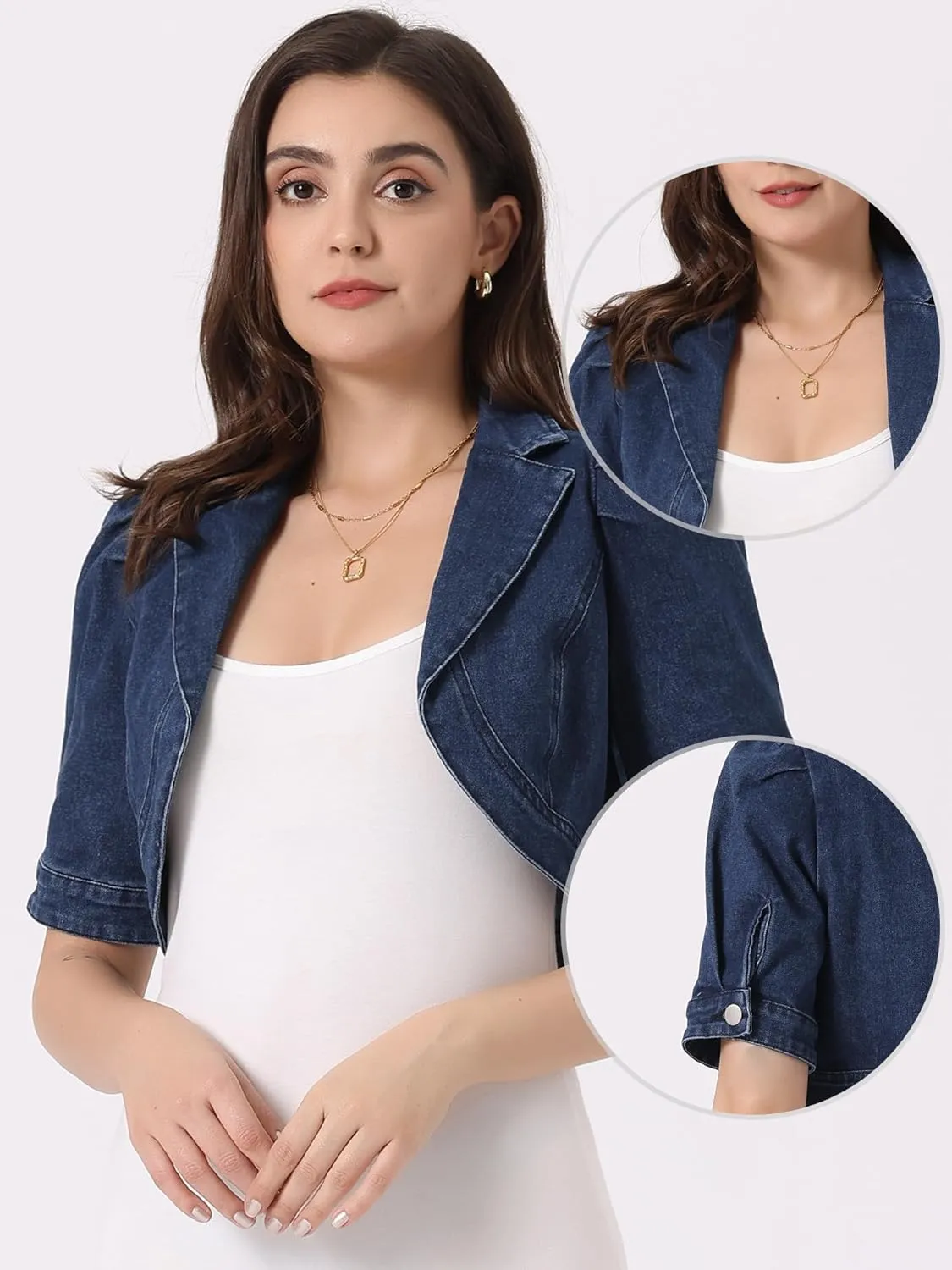 Allegra K Crop Denim Cardigan for Women's Short Sleeve Lapel Collar Jean Jacket