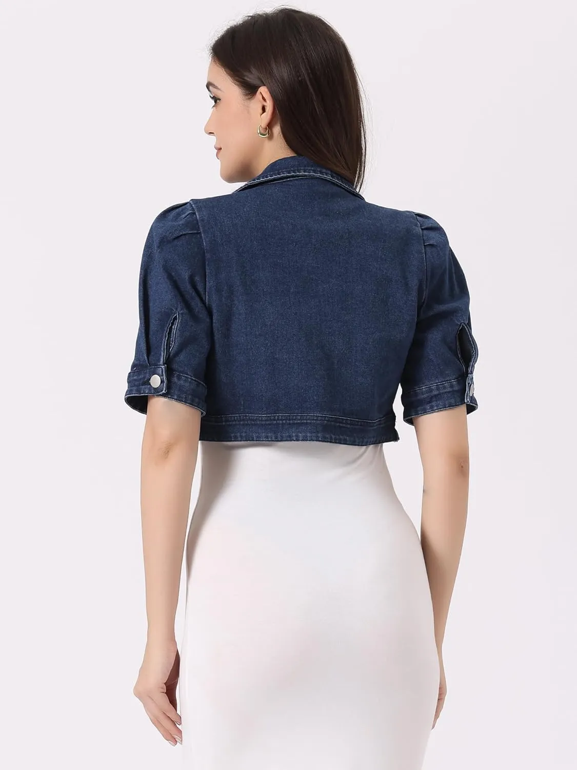 Allegra K Crop Denim Cardigan for Women's Short Sleeve Lapel Collar Jean Jacket