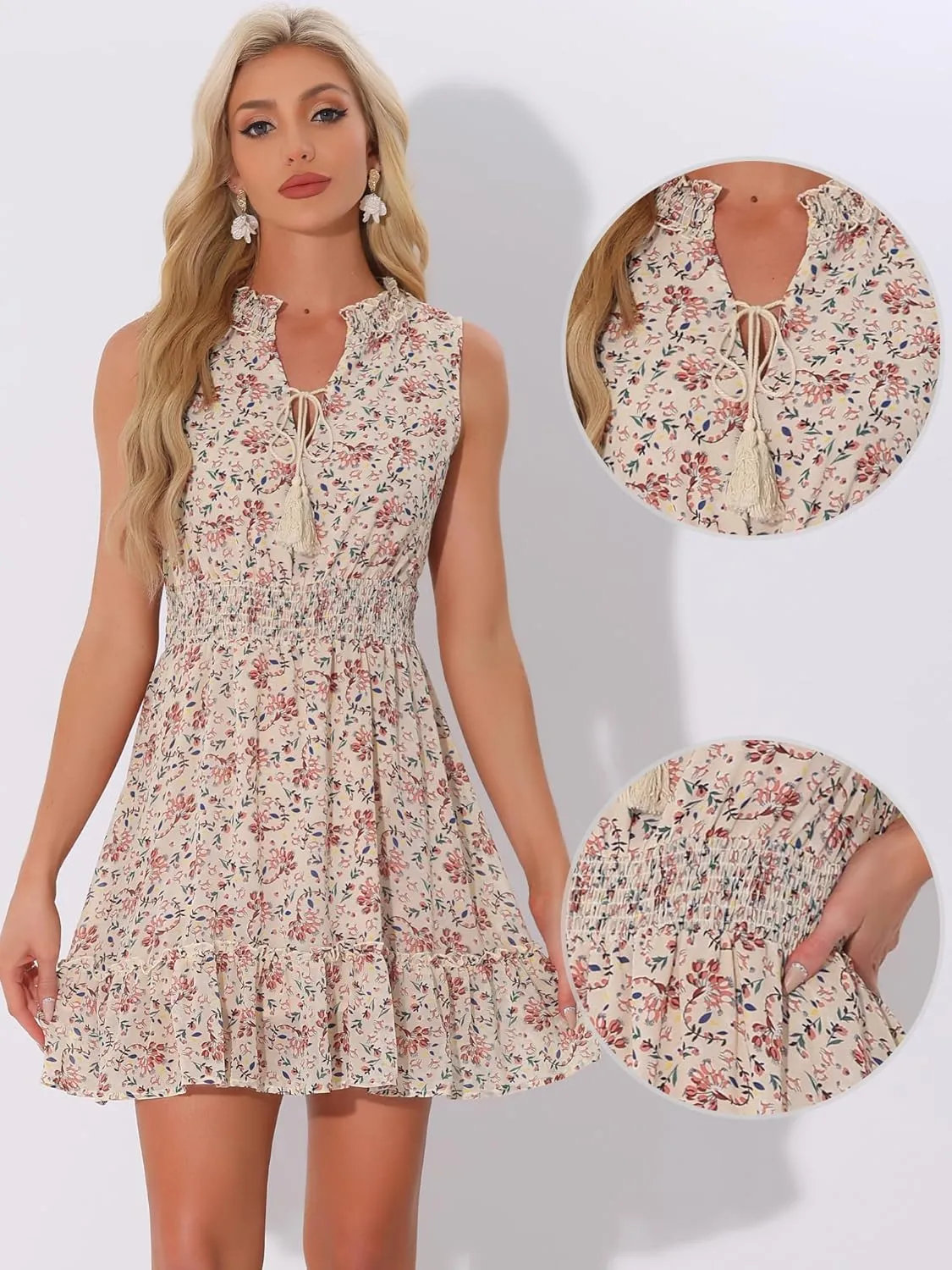 Allegra K Floral Dresses for Women's Sleeveless V Neck Sleeveless Smocked Waist Ruffle Mini Dress