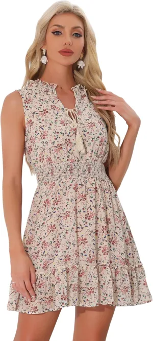 Allegra K Floral Dresses for Women's Sleeveless V Neck Sleeveless Smocked Waist Ruffle Mini Dress