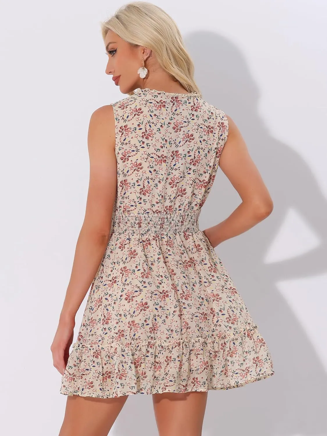 Allegra K Floral Dresses for Women's Sleeveless V Neck Sleeveless Smocked Waist Ruffle Mini Dress
