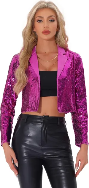 Allegra K Sequin Jacket for Women's Party Lapel Collar Open Front Crop Sparkle Blazer Cardigan