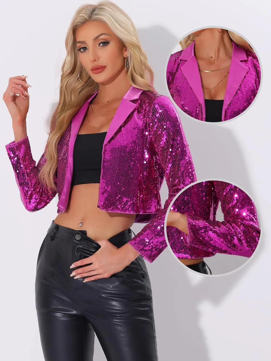 Allegra K Sequin Jacket for Women's Party Lapel Collar Open Front Crop Sparkle Blazer Cardigan