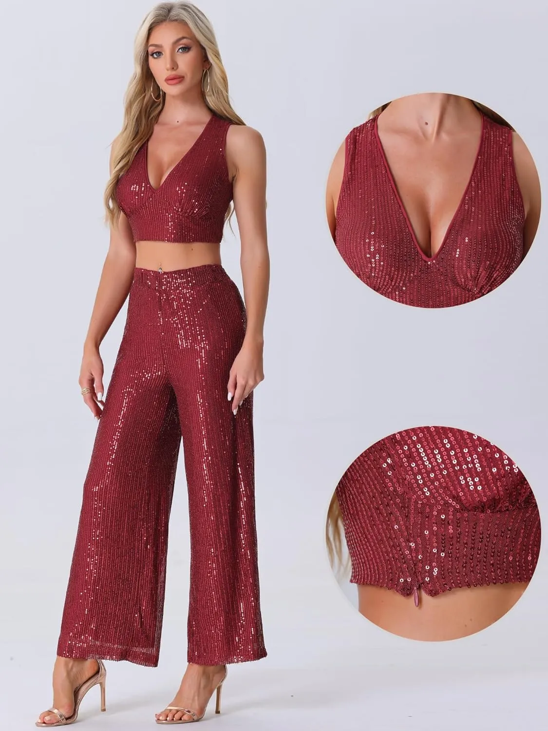 Allegra K Sequin Sets for Women's Cocktail Prom Tank Crop Top Wide Legs Pants Sparkle Two Piece Outfit