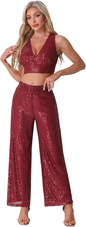 Allegra K Sequin Sets for Women's Cocktail Prom Tank Crop Top Wide Legs Pants Sparkle Two Piece Outfit